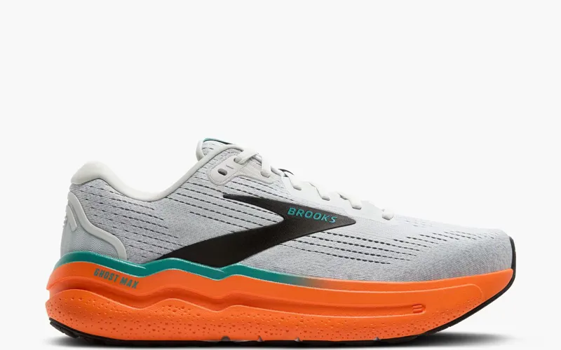 Brooks Ghost Max 2 Men's Road Running Shoe in Oyster Mushroom/Orange/Teal