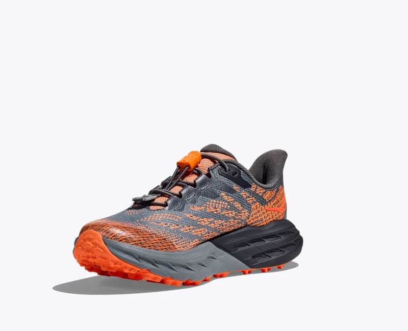 HOKA Speedgoat 5 Kid's Trail Running Shoe in Castlerock/Vibrant Orange-5
