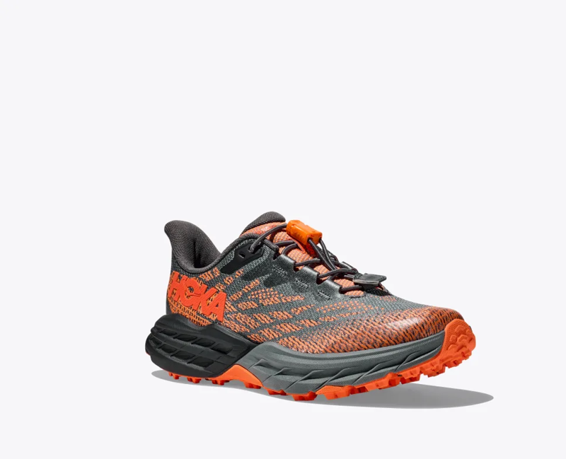 HOKA Speedgoat 5 Kid's Trail Running Shoe in Castlerock/Vibrant Orange-7