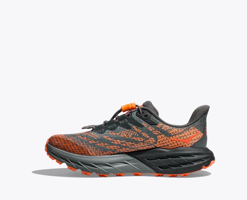 HOKA Speedgoat 5 Kid's Trail Running Shoe in Castlerock/Vibrant Orange-3