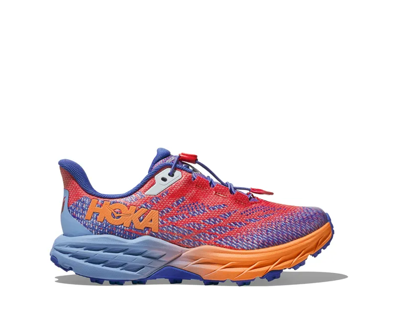 HOKA Speedgoat 5 Kid's Trail Running Shoe in Cerise/Stellar Blue