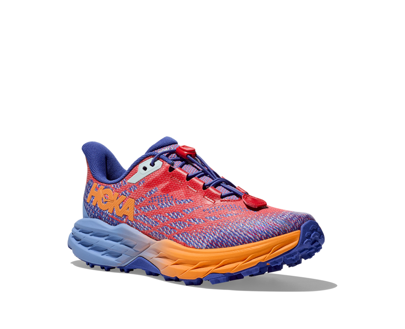HOKA Speedgoat 5 Kid's Trail Running Shoe in Cerise/Stellar Blue-7