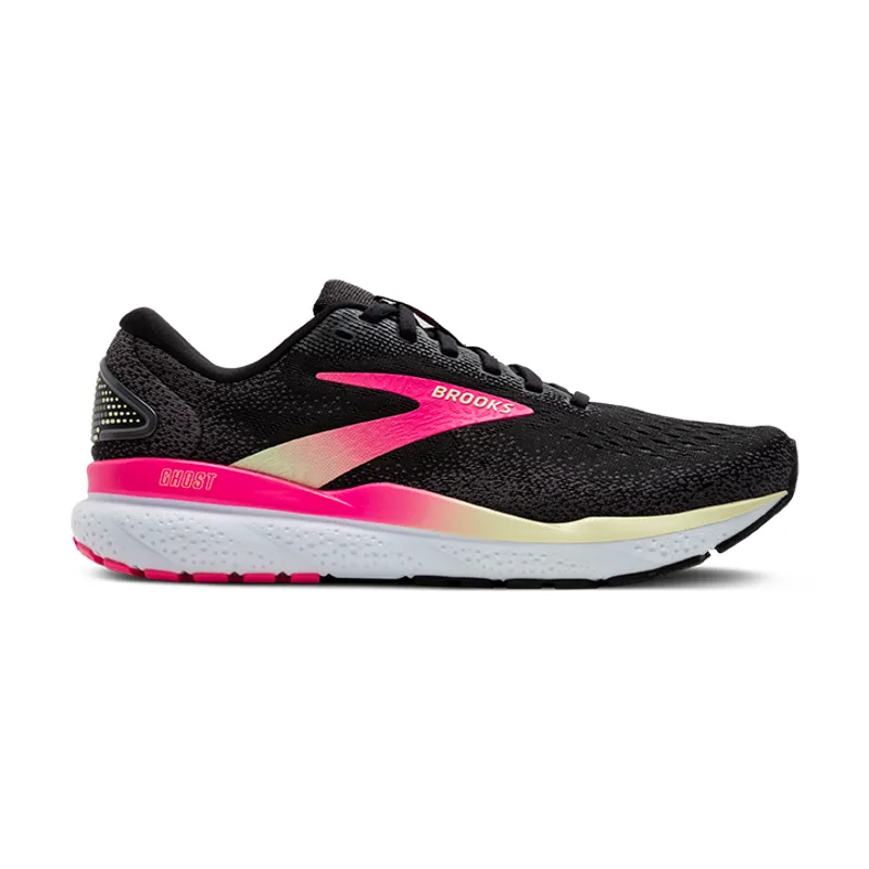 Brooks Ghost 16 Wide Women's Road Running Shoe in Black/Pink/Yellow