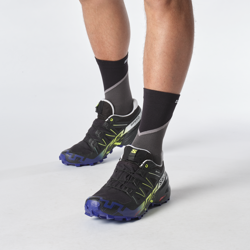 Salomon Speedcross 6 GTX Fan Fire  Men's Trail Running Shoe in Black / Surf The Web / Safety Yellow-2