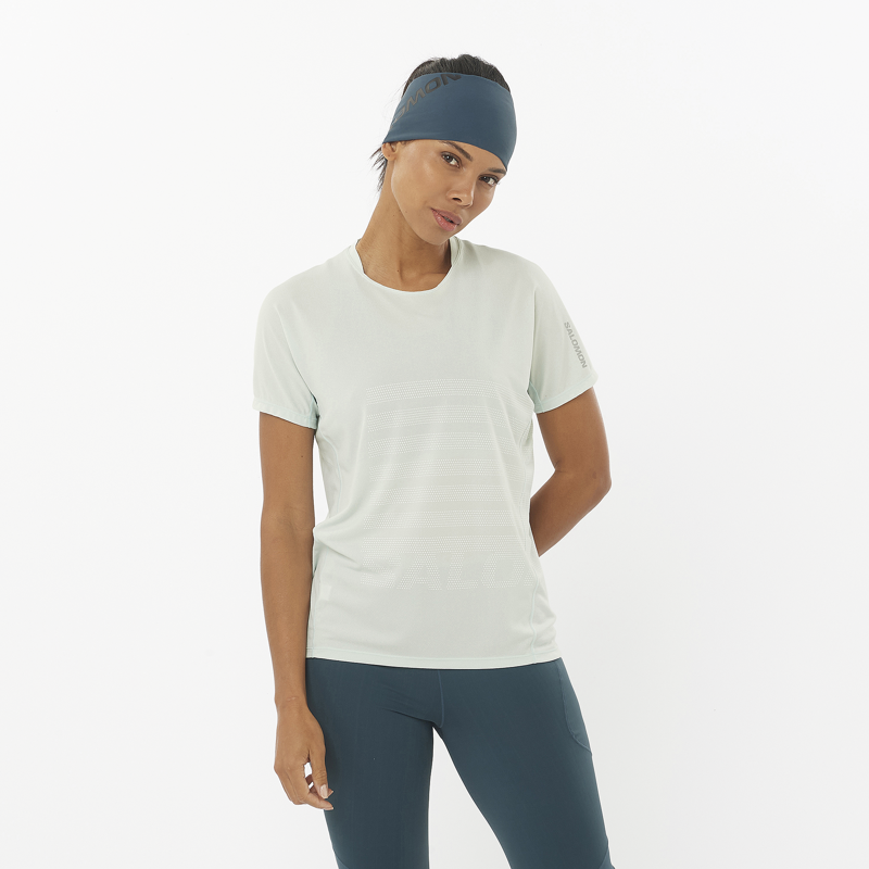 Salomon Sense Aero SS GFX Women's Running T-Shirt in Misty Blue/White-2