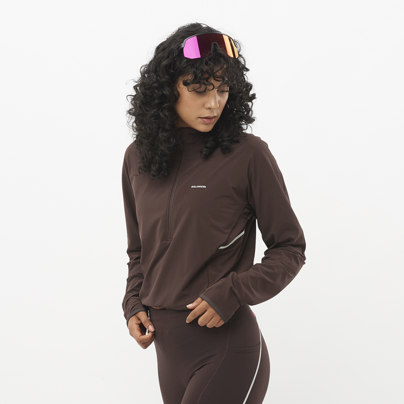 Salomon Sense Aero Hybrid Cropped Pullover Women's Running Midlayer in Coffee Bean-2