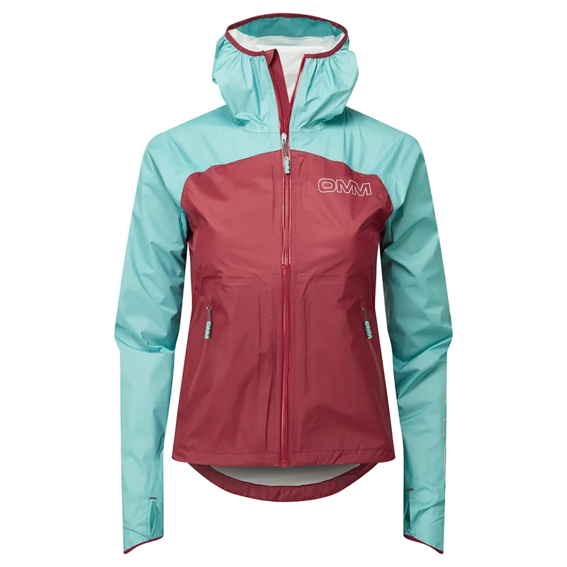 OMM Halo+ Women's Waterproof Running Jacket in Dark Red/Aqua