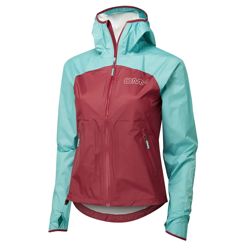 OMM Halo+ Women's Waterproof Running Jacket in Dark Red/Aqua-2