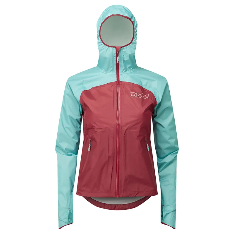 OMM Halo+ Women's Waterproof Running Jacket in Dark Red/Aqua-1