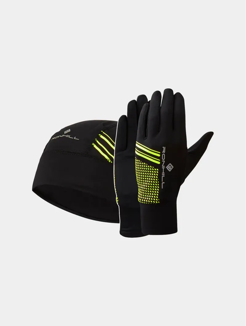 Ronhill Beanie and Glove Set in Black/Fluo Yellow