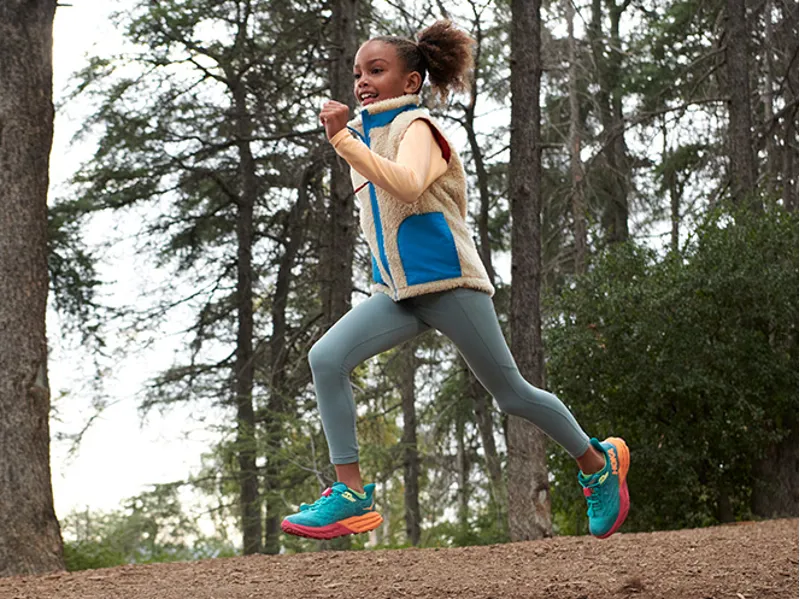 HOKA Speedgoat 5 Kid's Trail Running Shoe in Castlerock/Vibrant Orange-9