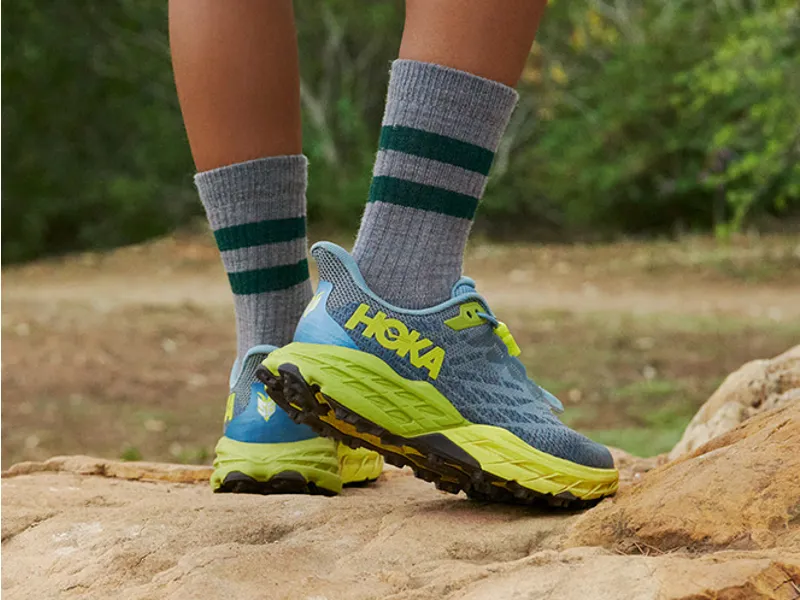 HOKA Speedgoat 5 Kid's Trail Running Shoe in Castlerock/Vibrant Orange-10