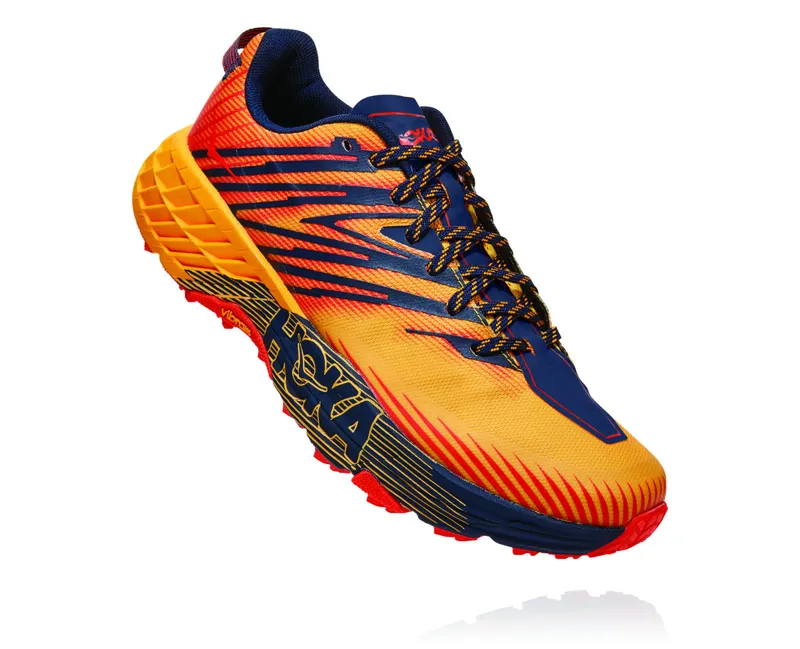 HOKA Speedgoat 4 Mens Trail Running Shoe in Gold Fusion/Black Iris